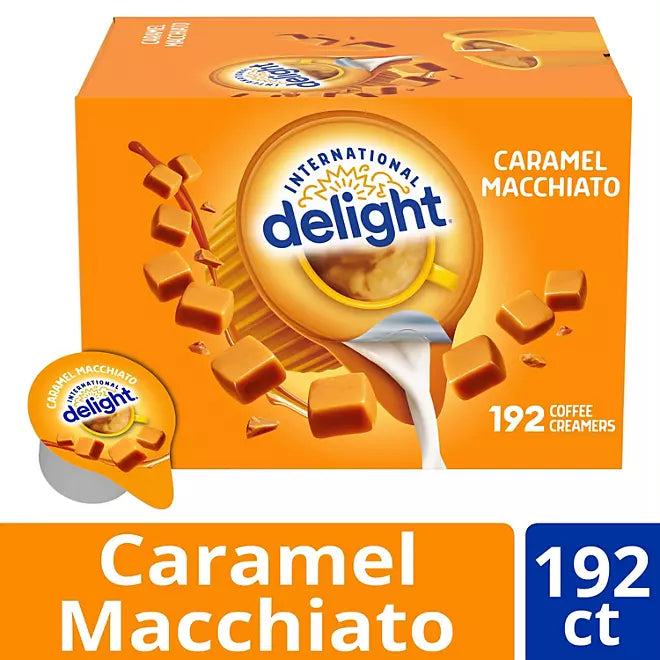 Single‑serve pod of International Delight caramel macchiato coffee creamer