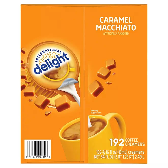 Close‑up of International Delight caramel macchiato creamer pod