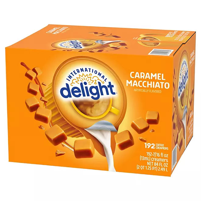 Box of 192 International Delight Caramel Macchiato Creamer Singles – Front Packaging View