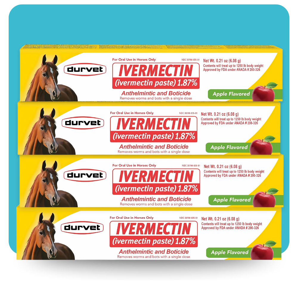 Four yellow boxes of Durvet Ivermectin Paste 1.87% Apple Flavored Horse Dewormer are stacked. Each box displays a horse illustration, red text, and highlights its use for safe parasite control and bot removal in horses.