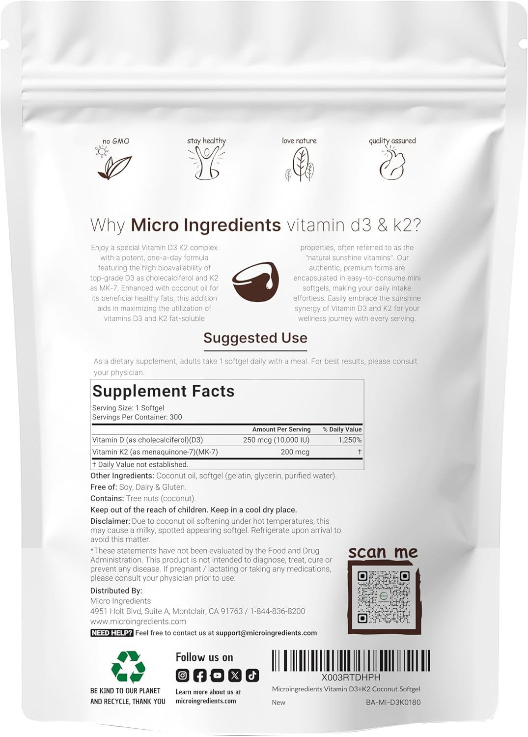 Non-GMO Gluten-Free Soy-Free Micro Ingredients Vitamin D3 K2 Supplement Made Without Fillers or Artificial Additives