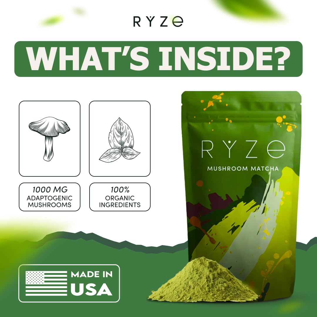 Ingredients in RYZE Mushroom Matcha: organic matcha, Lion’s Mane, Reishi, Cordyceps, Blue Spirulina
