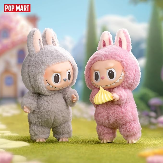 POP MART The Monsters Tasty Macarons vinyl face figures in pastel bunny suits outdoors.