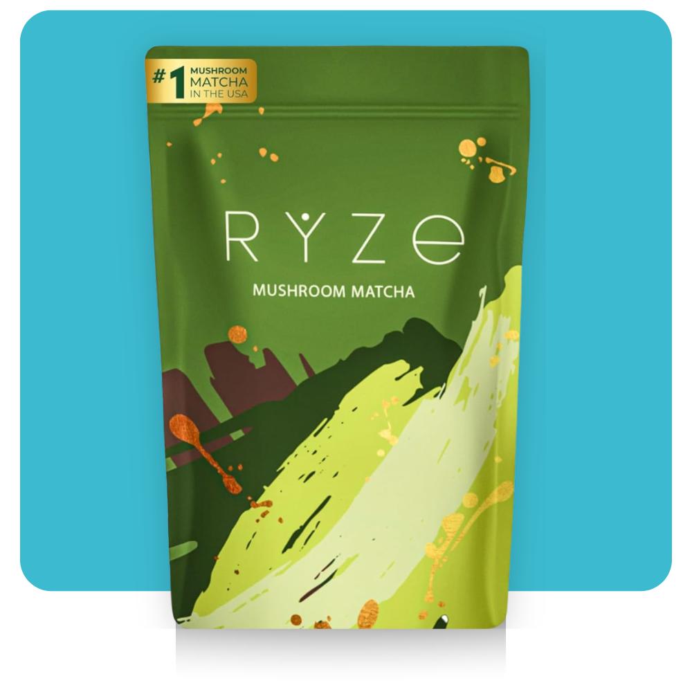 RYZE Mushroom Matcha pouch with organic adaptogenic mushroom blend and matcha powder
