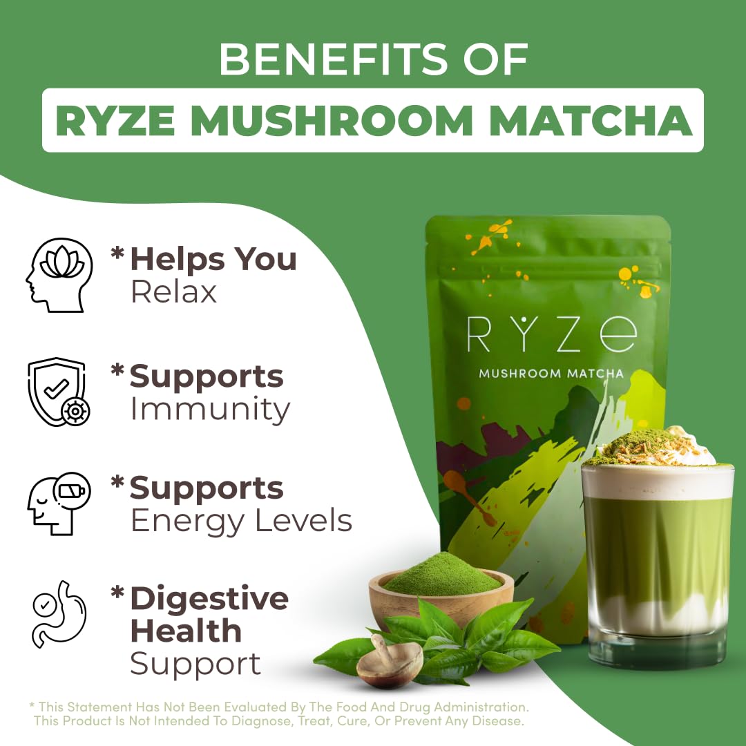 Key benefits of RYZE Mushroom Matcha including energy, focus, immunity, and gut health