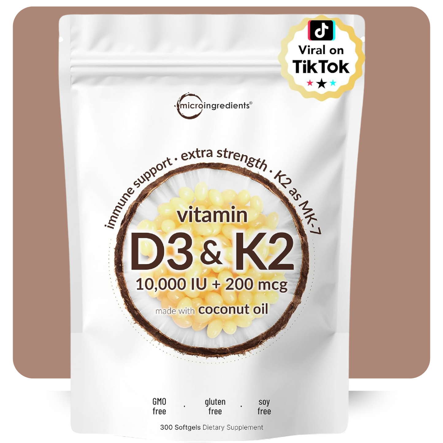 Micro Ingredients Vitamin D3 K2 10000 IU Softgels | 2-in-1 High Potency D3 + K2 MK-7 with Coconut Oil | 300 Softgels for Bone Strength, Immune & Heart Support | Non-GMO Daily Supplement