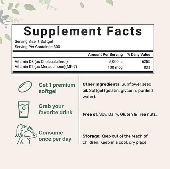 Micro Ingredients Vitamin D3 K2 10000 IU Softgels for Immune Support, Bone Health, and Heart Function