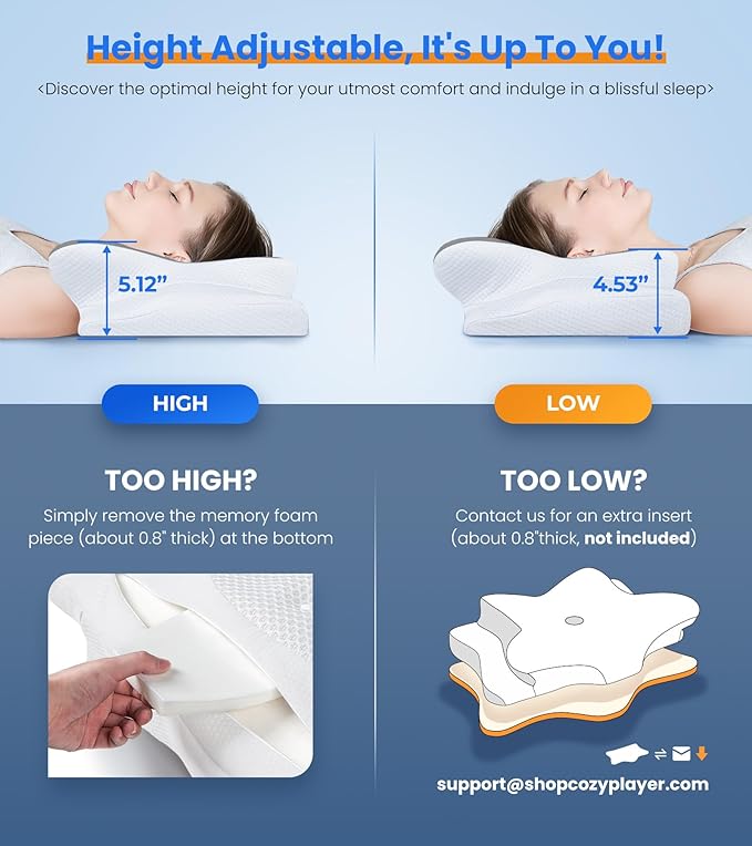 Height-adjustable cervical pillow with customizable memory foam insert for personalized neck support and comfort.