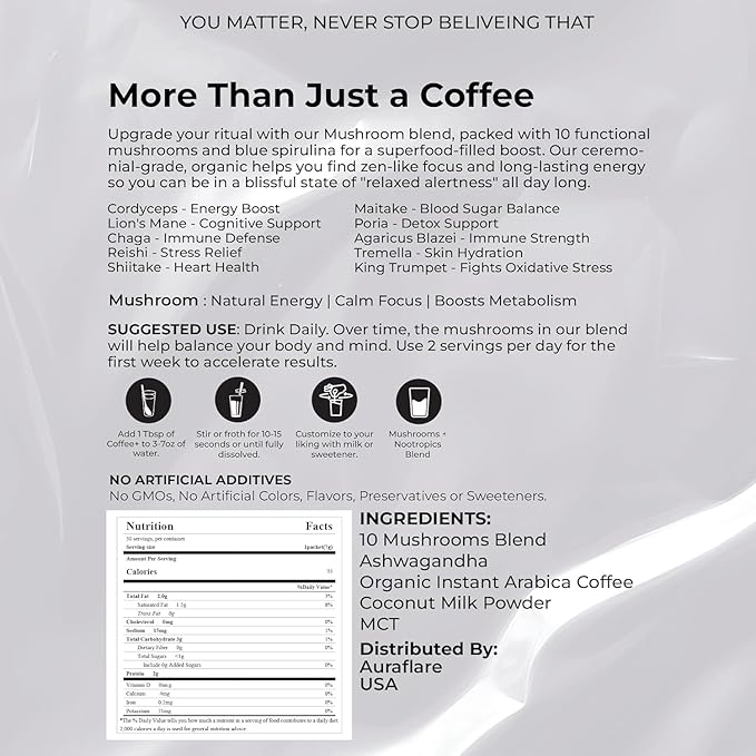 "AuraFlare Mushroom Coffee with 10 functional mushrooms, Ashwagandha, MCT, and Arabica for energy, focus, and metabolism"