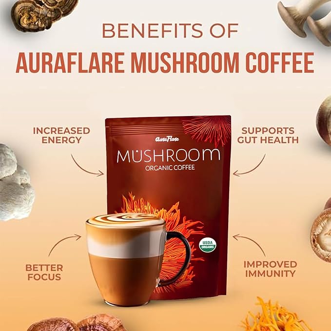 AuraFlare Organic Mushroom Coffee packaging with highlighted health benefits like energy, focus, and immune support