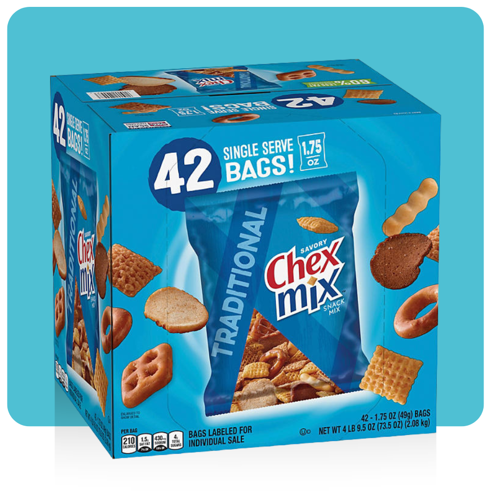 Chex Mix Traditional Snack Mix 42-count box with individual 1.75 oz bags