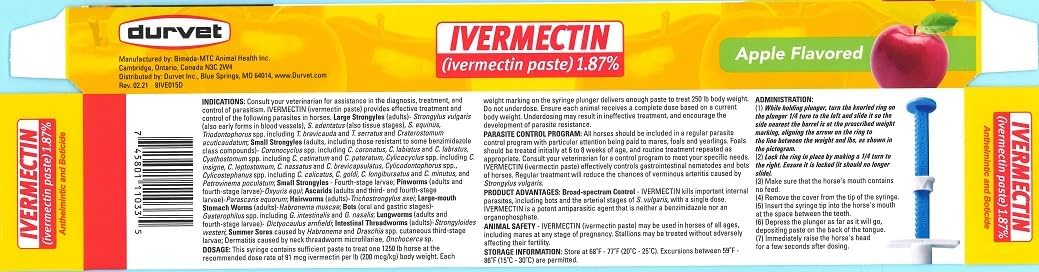 Durvet Ivermectin Paste 1.87% Apple Flavored Horse Dewormer – 6.08g packaging with dosage chart, administration instructions, active ingredients, parasite treatment spectrum, and syringe illustration for equine internal parasite control.