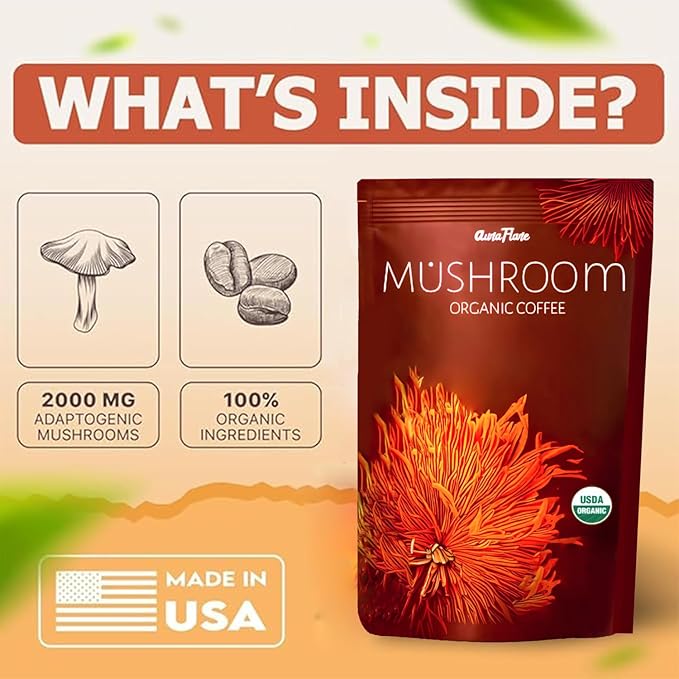 Earth Flora Mushroom Organic Coffee with 2000mg adaptogenic mushrooms, 100% organic ingredients, made in the USA