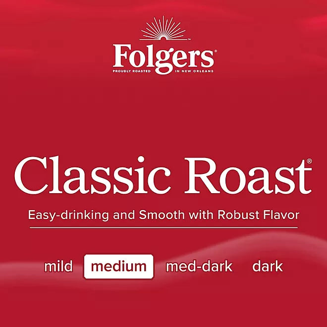 Folgers Classic Roast medium roast label with tagline ‘Easy-drinking and Smooth with Robust Flavor’ on red background