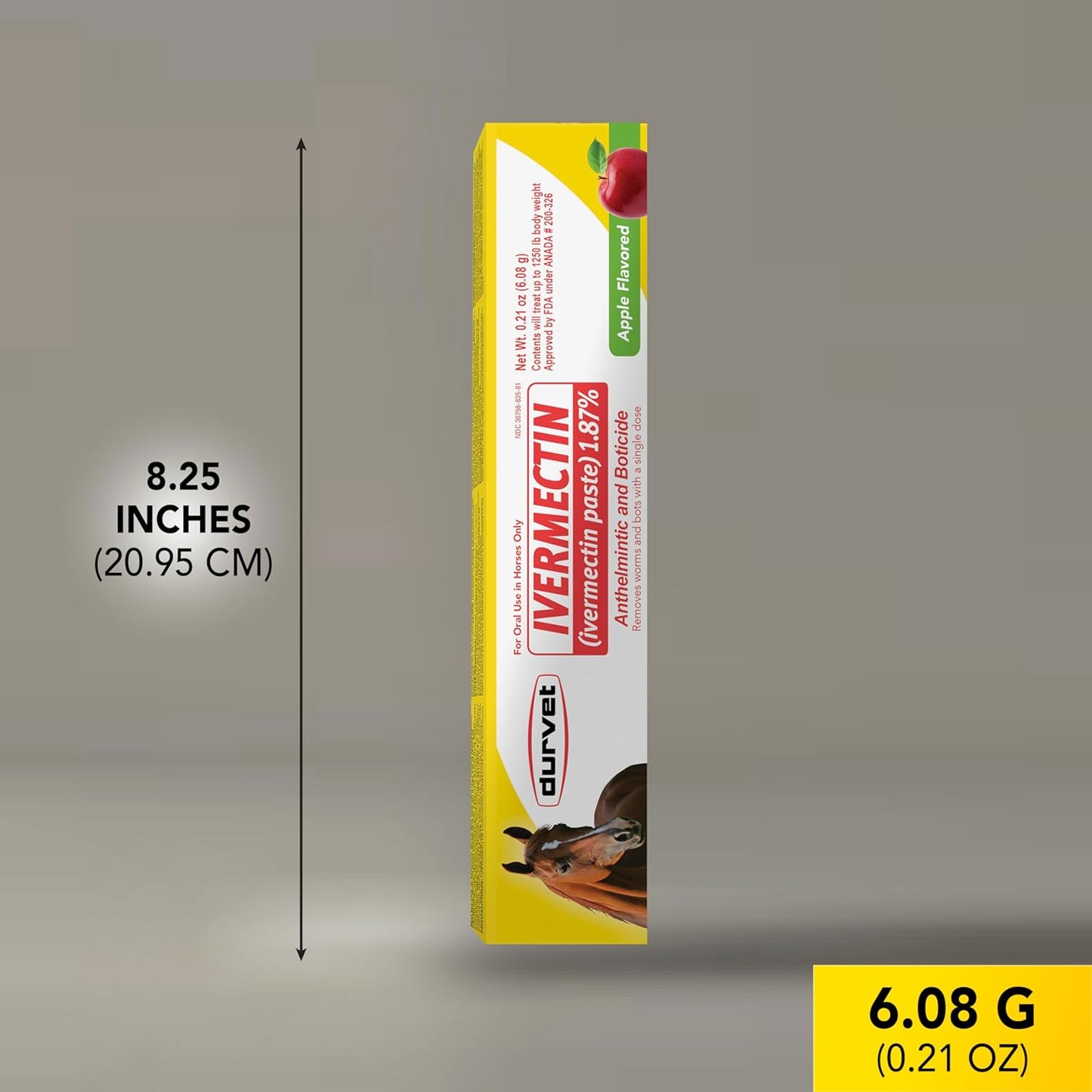 Durvet Ivermectin Paste 1.87% Apple Flavored Horse Dewormer – vertical product box with 6.08g dosage and dimensions (8.25 inches / 20.95 cm) highlighted for packaging size reference.