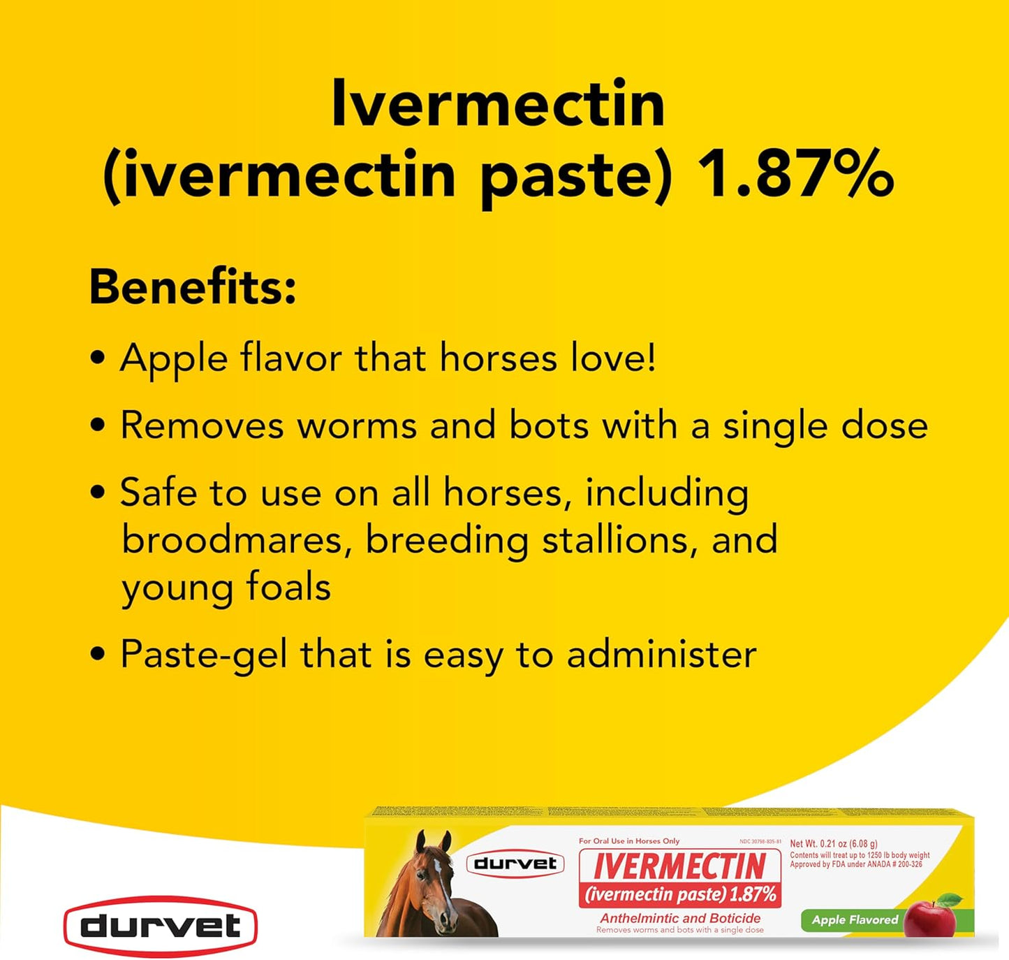 Durvet Ivermectin Paste 1.87% Horse Dewormer – Apple Flavored Gel highlighting key benefits such as single-dose worm and bot removal, safe use on all horses including foals, and easy oral administration in a 6.08g syringe.