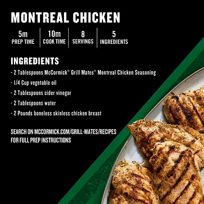 Montreal Chicken recipe card with ingredients and grilled chicken image