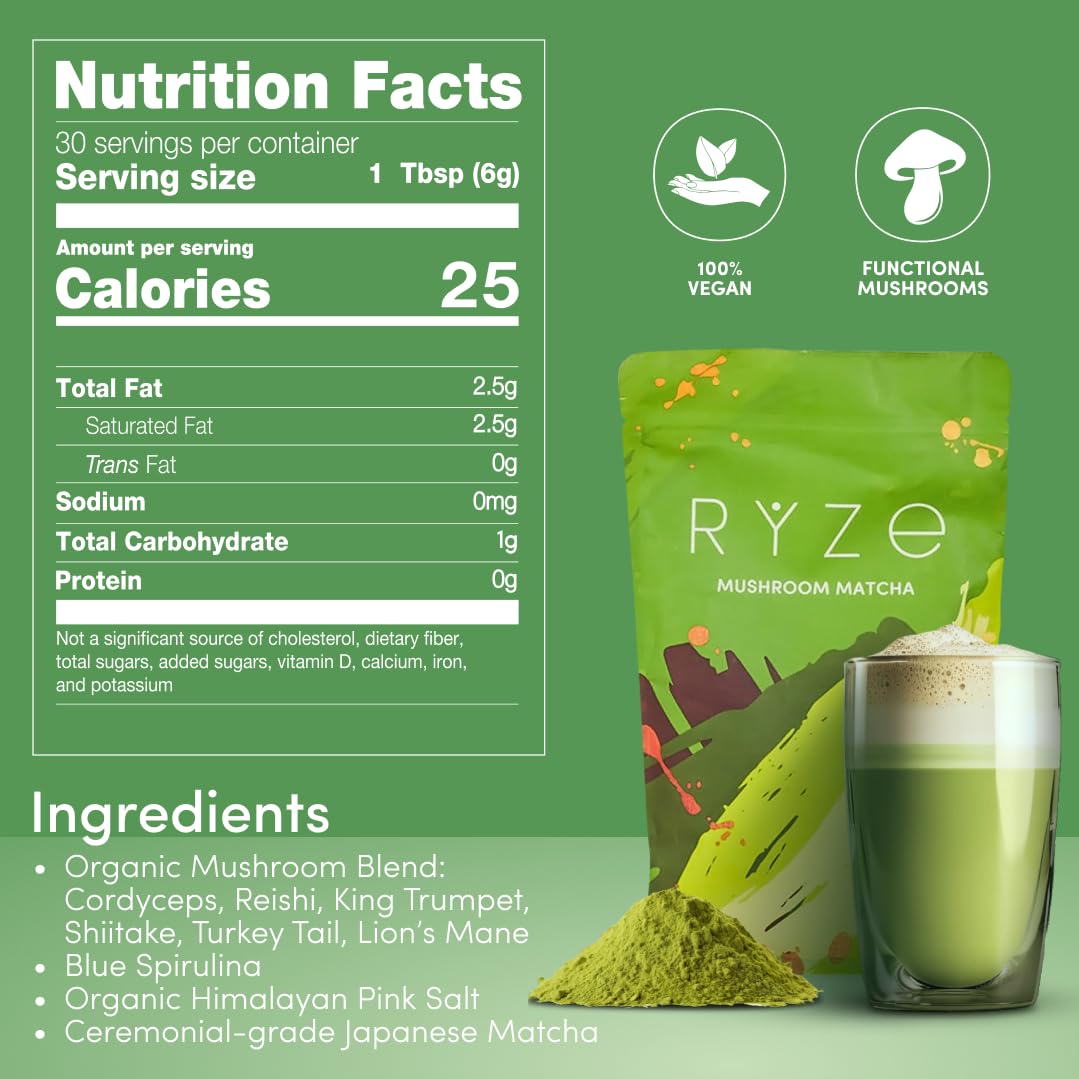 RYZE Mushroom Matcha nutrition facts label with serving size, calories, and daily values
