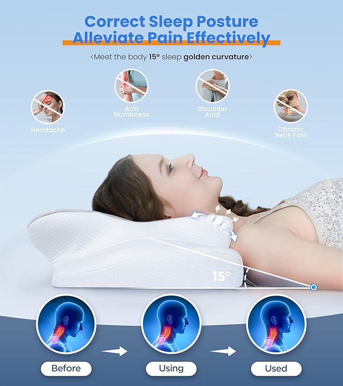 Woman using orthopedic cervical pillow demonstrating correct 15° neck alignment for pain relief and posture correction.