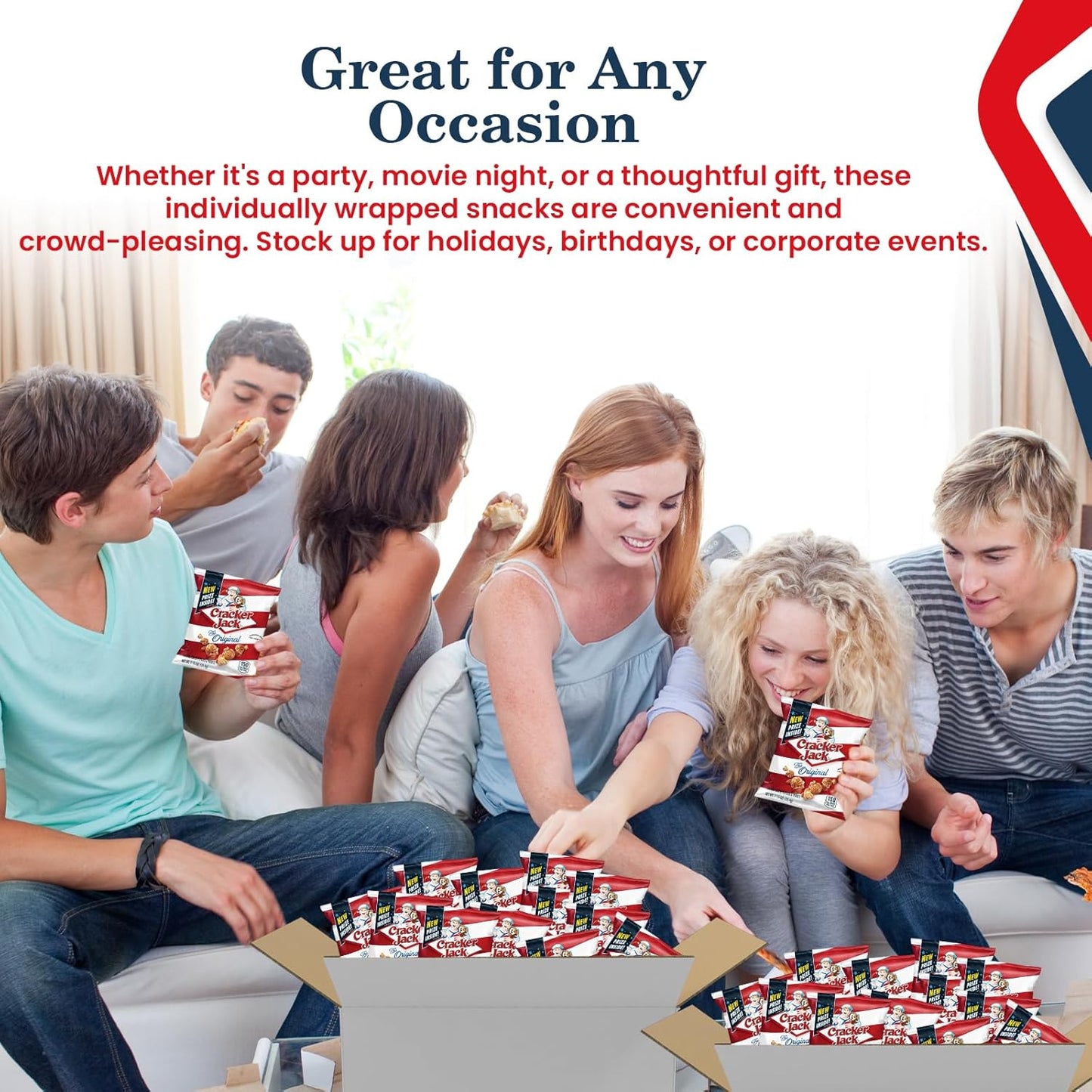 Group of friends enjoying Cracker Jack caramel popcorn and peanut snack packs at a party, perfect for birthdays, movie nights, or holidays