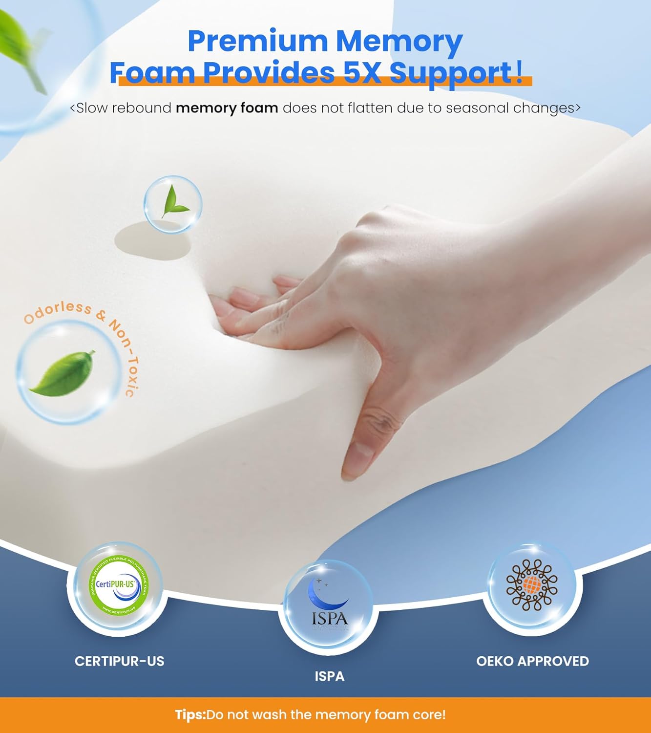 Hand pressing into slow-rebound memory foam pillow showing premium support and certifications like CertiPUR-US and OEKO-TEX.