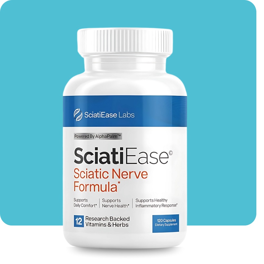 Front label of SciatiEase Sciatic Nerve Formula bottle showing key benefits and 120-capsule count.