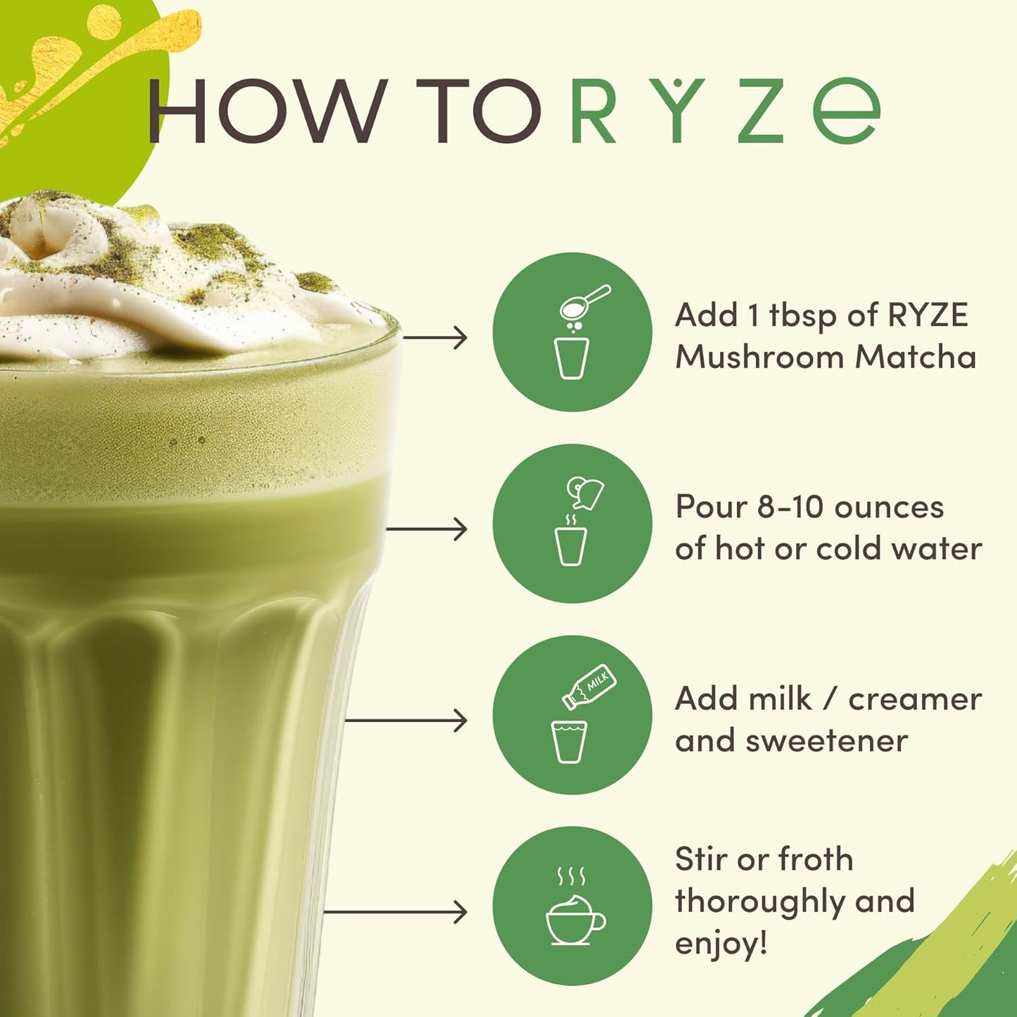 Instructions for making RYZE Matcha: mix powder with hot or cold water or plant-based milk