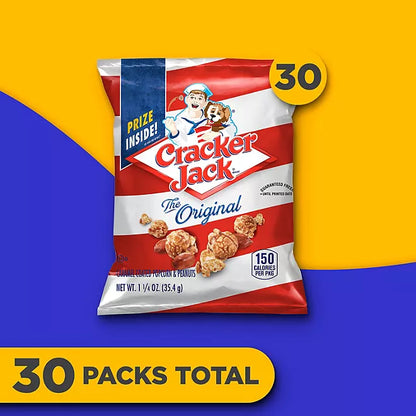 Cracker Jack Original caramel popcorn and peanuts 1.25 oz snack pack with prize inside, 30 total count prominently displayed on colorful background.