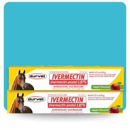 Two yellow boxes of Durvet Ivermectin Paste 1.87% Apple Flavored Horse Dewormer, featuring images of a horse and red apple, are displayed against a blue background.