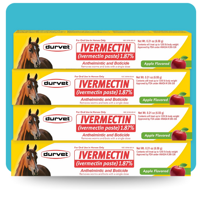 Four yellow boxes of Durvet Ivermectin Paste 1.87% Apple Flavored Horse Dewormer are stacked. Each box displays a horse illustration, red text, and highlights its use for safe parasite control and bot removal in horses.