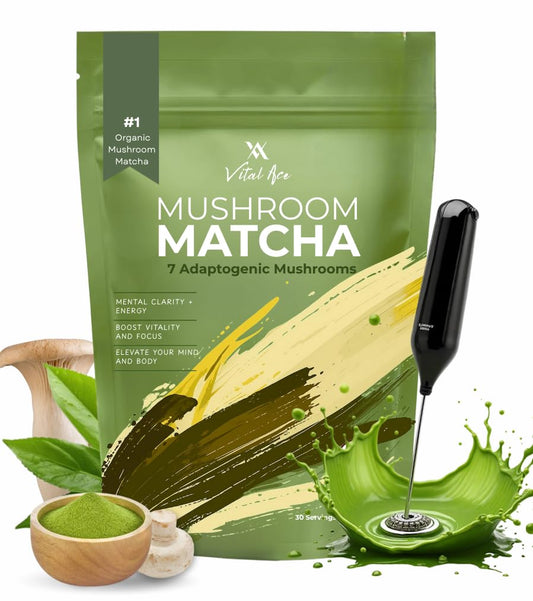 Vital Ace Mushroom Matcha | Organic 7 Adaptogenic Mushrooms and Ceremonial-Grade Matcha with Lion's Mane, Reishi, Cordyceps & Shiitake for Energy, Focus & Immunity | 30 Servings + FREE FROTHER