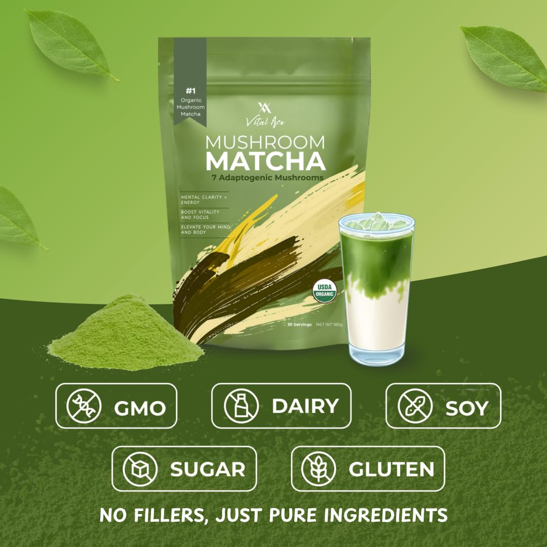 Vital Ace Mushroom Matcha | Organic 7 Adaptogenic Mushrooms and Ceremonial-Grade Matcha with Lion's Mane, Reishi, Cordyceps & Shiitake for Energy, Focus & Immunity | 30 Servings + FREE FROTHER