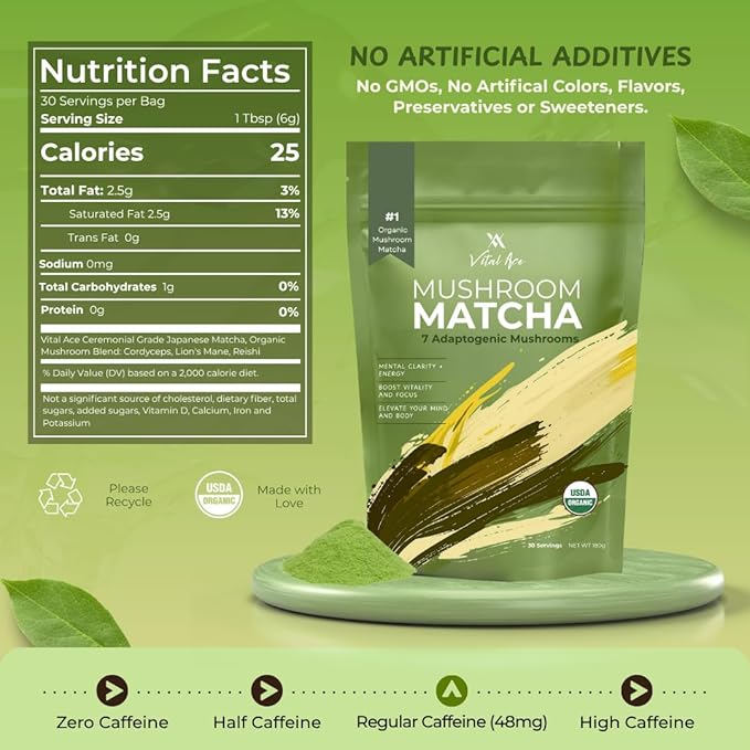Vital Ace Mushroom Matcha | Organic 7 Adaptogenic Mushrooms and Ceremonial-Grade Matcha with Lion's Mane, Reishi, Cordyceps & Shiitake for Energy, Focus & Immunity | 30 Servings + FREE FROTHER