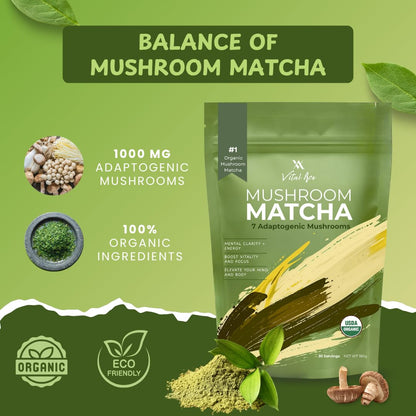 Vital Ace Mushroom Matcha | Organic 7 Adaptogenic Mushrooms and Ceremonial-Grade Matcha with Lion's Mane, Reishi, Cordyceps & Shiitake for Energy, Focus & Immunity | 30 Servings + FREE FROTHER