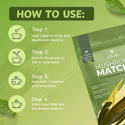 Vital Ace Mushroom Matcha | Organic 7 Adaptogenic Mushrooms and Ceremonial-Grade Matcha with Lion's Mane, Reishi, Cordyceps & Shiitake for Energy, Focus & Immunity | 30 Servings + FREE FROTHER