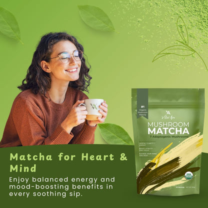 Vital Ace Mushroom Matcha | Organic 7 Adaptogenic Mushrooms and Ceremonial-Grade Matcha with Lion's Mane, Reishi, Cordyceps & Shiitake for Energy, Focus & Immunity | 30 Servings + FREE FROTHER