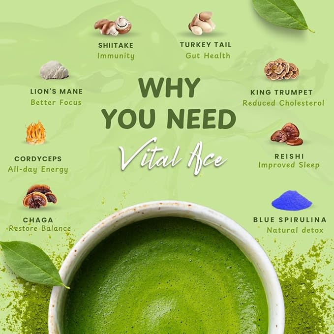 Vital Ace Mushroom Matcha | Organic 7 Adaptogenic Mushrooms and Ceremonial-Grade Matcha with Lion's Mane, Reishi, Cordyceps & Shiitake for Energy, Focus & Immunity | 30 Servings + FREE FROTHER