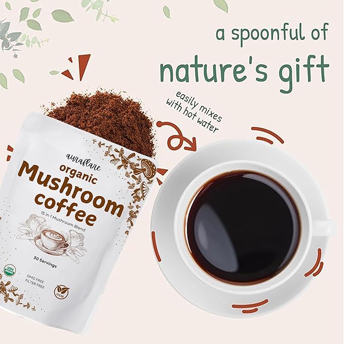 AuraFlare Organic Instant 15 in 1 Mushroom Coffee Powder, 6.35 Ounce (30 Servings) | Weight & Immune Support with Arabica Coffee, Lion’s Mane, Chaga, Reishi | Organic Mushroom Coffee