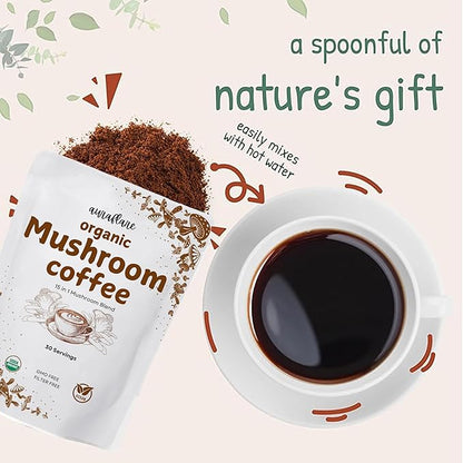 AuraFlare Organic Instant 15 in 1 Mushroom Coffee Powder, 6.35 Ounce (30 Servings) | Weight & Immune Support with Arabica Coffee, Lion’s Mane, Chaga, Reishi | Organic Mushroom Coffee