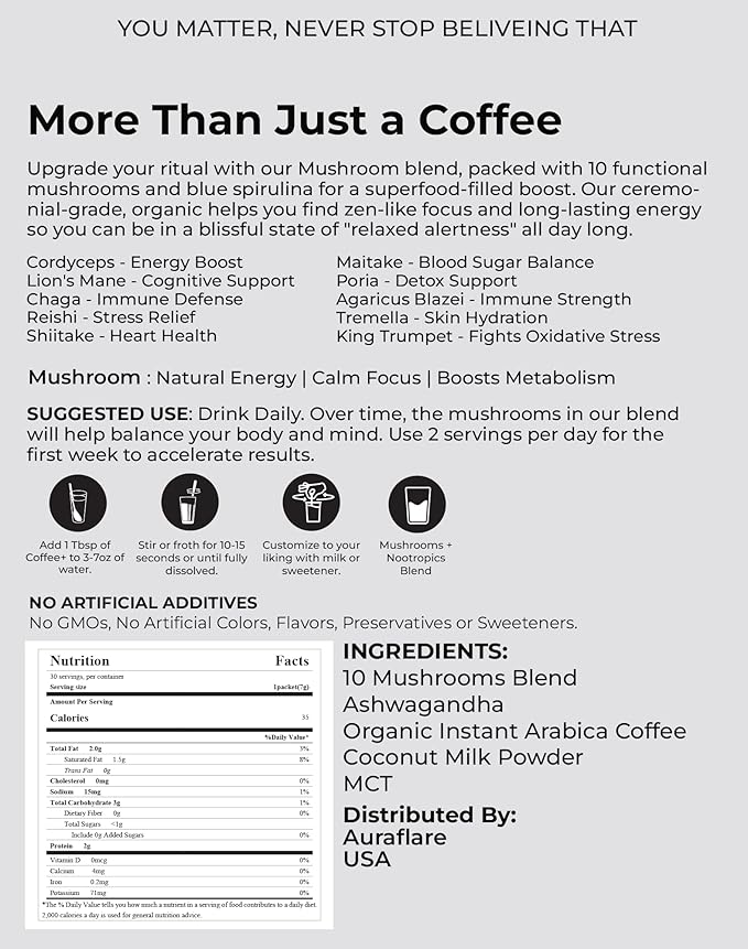 AuraFlare Organic Instant 15 in 1 Mushroom Coffee Powder, 6.35 Ounce (30 Servings) | Weight & Immune Support with Arabica Coffee, Lion’s Mane, Chaga, Reishi | Organic Mushroom Coffee