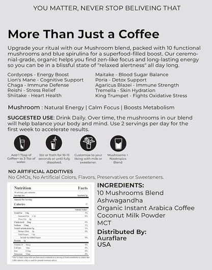 AuraFlare Organic Instant 15 in 1 Mushroom Coffee Powder, 6.35 Ounce (30 Servings) | Weight & Immune Support with Arabica Coffee, Lion’s Mane, Chaga, Reishi | Organic Mushroom Coffee