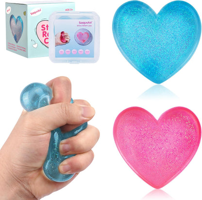 Heart Shape Stress Squish Cube 2-Pack – Quiet Hard Squishy Fidget Toy for Anxiety Relief | Blue & Pink