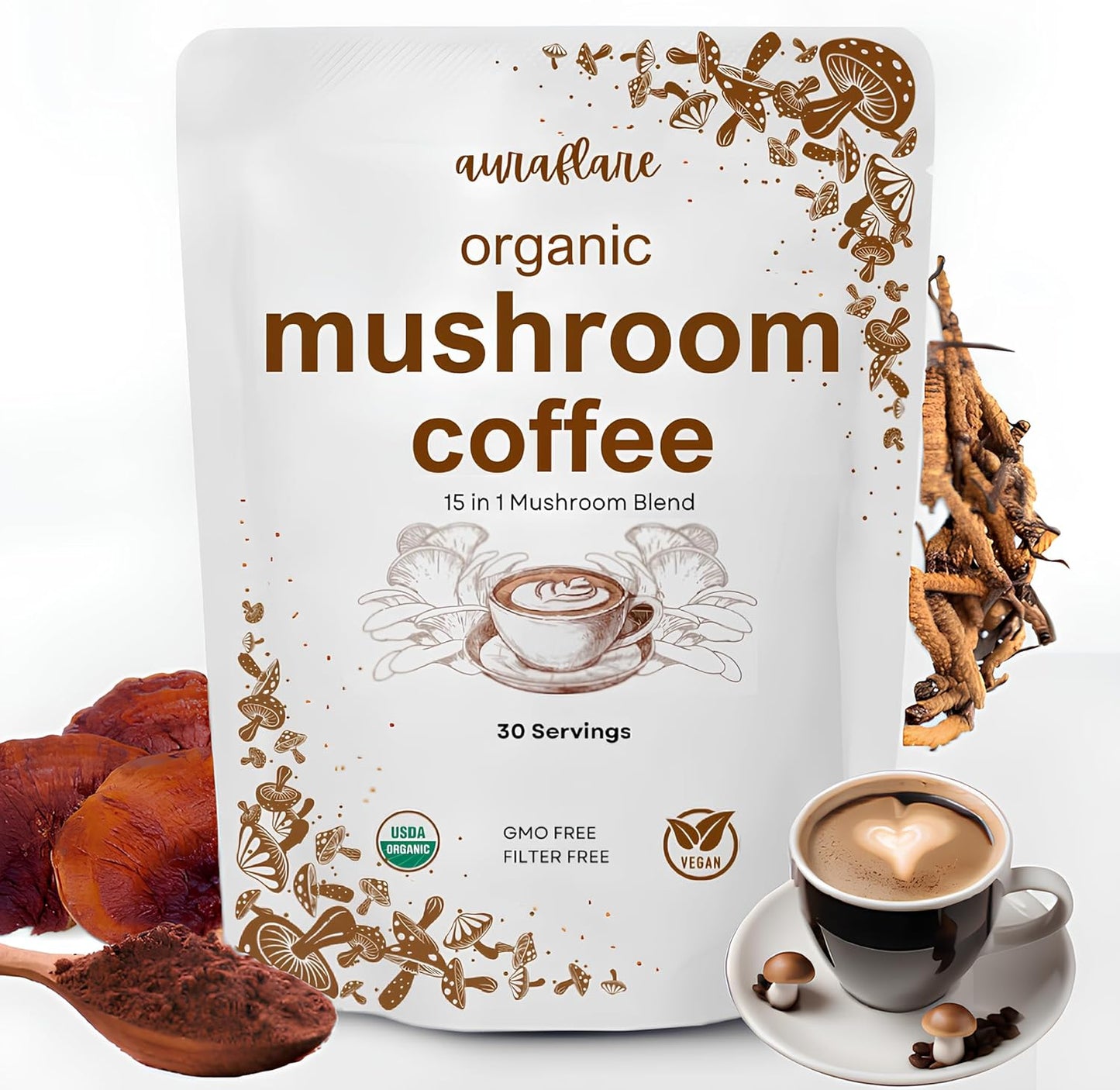 AuraFlare Organic Instant 15 in 1 Mushroom Coffee Powder, 6.35 Ounce (30 Servings) | Weight & Immune Support with Arabica Coffee, Lion’s Mane, Chaga, Reishi | Organic Mushroom Coffee