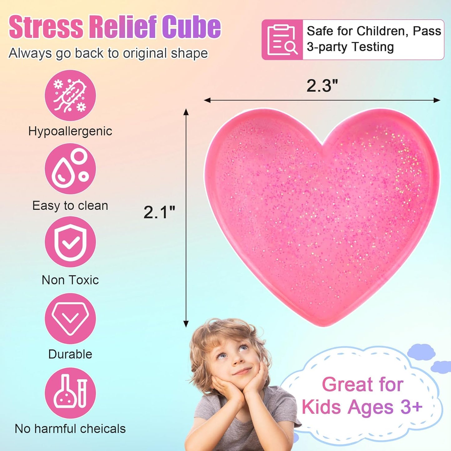 Heart Shape Stress Squish Cube 2-Pack – Quiet Hard Squishy Fidget Toy for Anxiety Relief | Blue & Pink