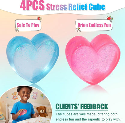 Heart Shape Stress Squish Cube 2-Pack – Quiet Hard Squishy Fidget Toy for Anxiety Relief | Blue & Pink