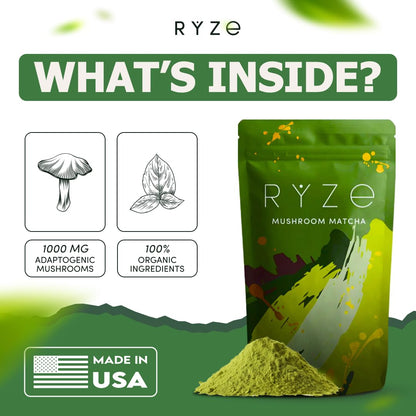 Ingredients in RYZE Mushroom Matcha: organic matcha, Lion’s Mane, Reishi, Cordyceps, Blue Spirulina