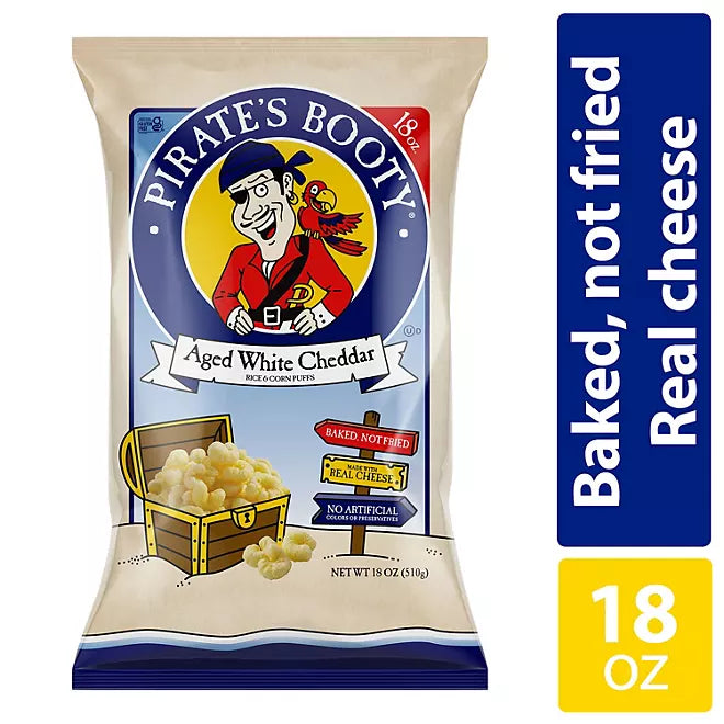 Pirate’s Booty aged white cheddar cheese puffs 18 oz bag with baked, not fried and real cheese callouts.