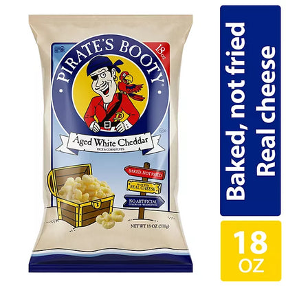 Pirate’s Booty aged white cheddar cheese puffs 18 oz bag with baked, not fried and real cheese callouts.