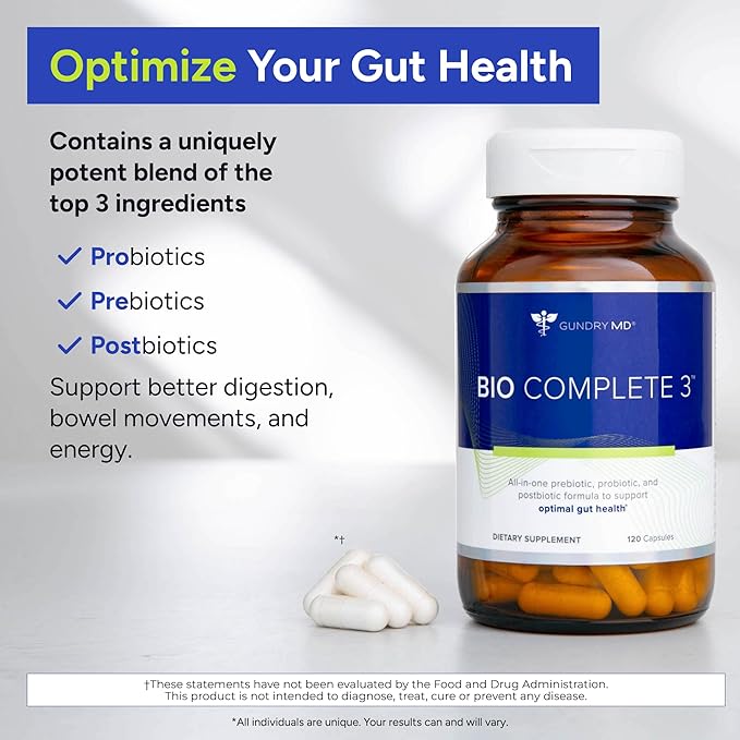 Bio Complete 3 by Gundry MD – powerful 3-in-1 supplement with probiotics, prebiotics, and postbiotics to support gut health, digestion, energy, and regularity; image features 120-capsule bottle and white vegan capsules.