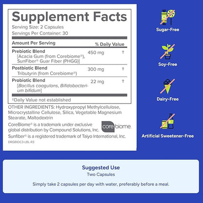 Bio Complete 3 supplement facts panel showing prebiotic, postbiotic, and probiotic blend ingredients including SunFiber®, CoreBiome®, Bacillus coagulans, and bifidobacterium; highlights include sugar-free, soy-free, dairy-free, and artificial sweetener-free formula with suggested use of two capsules daily.